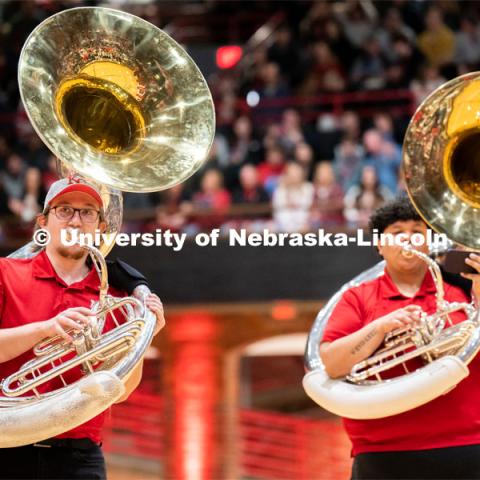Members of the University of Nebraska-Lincoln marching band preform during Admitted Student Day inside the Coliseum. Admitted Student Day is UNL’s in-person, on-campus event for all admitted students. March 24, 2023. Photo by Jordan Opp for University Communication.
