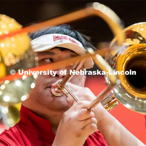 Members of the University of Nebraska-Lincoln marching band preform during Admitted Student Day inside the Coliseum on Saturday, March 25, 2023. 
 Photo by Jordan Opp for University Communication.