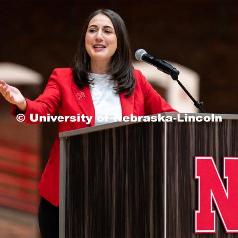 University of Nebraska interim director of admissions Kayla Tupper speaks to students during Admitted Student Day on inside the Coliseum. Admitted Student Day is UNL’s in-person, on-campus event for all admitted students. March 24, 2023. Photo by Jordan Opp for University Communication.