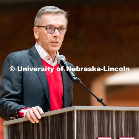 University of Nebraska-Lincoln Chancellor Ronnie Green speaks to incoming students and their families during a pep rally for Admitted Student Day inside the Coliseum. Admitted Student Day is UNL’s in-person, on-campus event for all admitted students. March 24, 2023. Photo by Jordan Opp for University Communication.