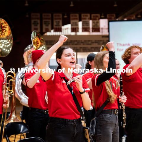 Members of the University of Nebraska-Lincoln marching band preform during Admitted Student Day inside the Coliseum on Saturday, March 25, 2023. 
 Photo by Jordan Opp for University Communication.