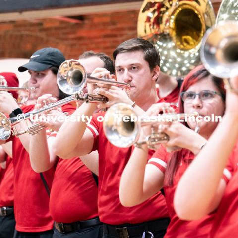 Members of the University of Nebraska-Lincoln marching band preform during Admitted Student Day inside the Coliseum on Saturday, March 25, 2023. 
 Photo by Jordan Opp for University Communication.