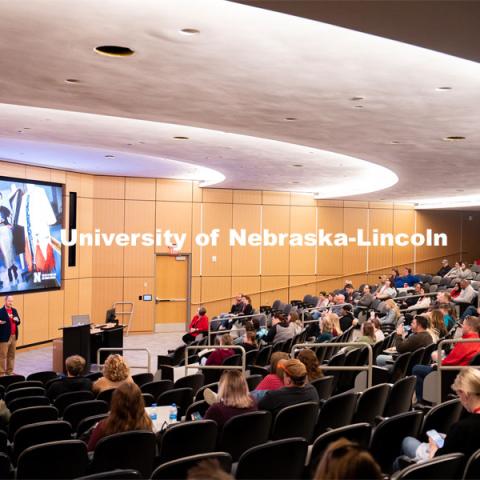 University of Nebraska-Lincoln’s College of Education and Human Sciences’ director of recruitment Dijon DeLaPorte, left, speaks to students during Admitted Student Day inside Carolyn Pope Edwards Hall. Admitted Student Day is UNL’s in-person, on-campus event for all admitted students. March 24, 2023. Photo by Jordan Opp for University Communication.