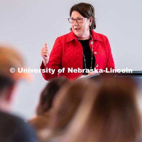 University of Nebraska-Lincoln’s College of Education and Human Sciences’ lecturer Ramona Schoenrock speaks to students during Admitted Student Day inside Carolyn Pope Edwards Hall. Admitted Student Day is UNL’s in-person, on-campus event for all admitted students. March 24, 2023. Photo by Jordan Opp for University Communication.