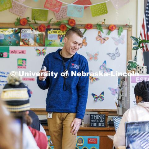 Jordan Brandt, senior in Spanish, student teaches at Lincoln Southeast High School. March 28, 2023. Photo by Craig Chandler / University Communication.