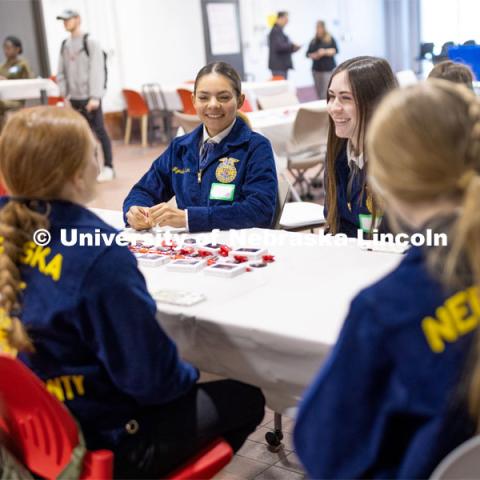 Myesha Larson and Grace Wallerstedt from Oakland-Craig talk with pen pals from McPherson County. FFA pen pals from urban and rural schools meet face-to-face during the FFA state convention. March 29, 2023. Photo by Craig Chandler / University Communication.