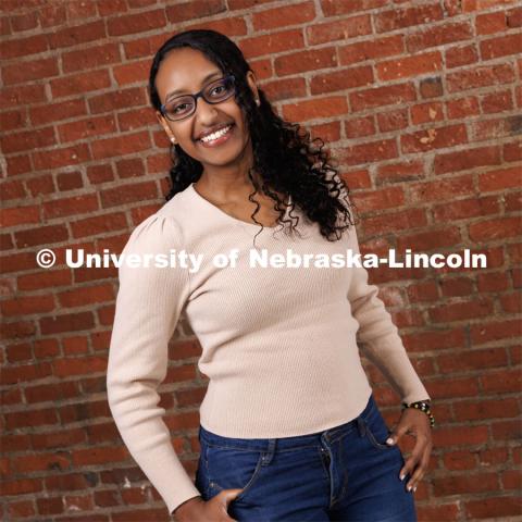 Studio portrait of Saron Gebre, Web Applications Developer, Office of University Communication and Marketing. March 29, 2023. Photo by Craig Chandler / University Communication.