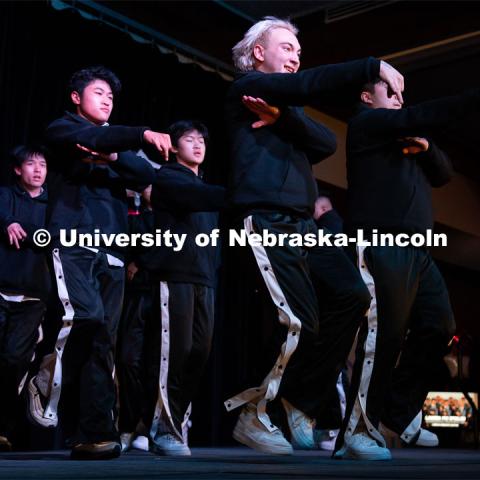 Members of Lambda Phi Epsilon perform during the OASIS and Fraternity and Sorority Life Stroll Off inside the Nebraska Union Centennial Room. April 1, 2023. Photo by Jordan Opp for University Communication.