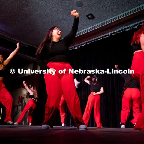 Members of Sigma Psi Zeta perform during the OASIS and FRATERNITY AND SORORITY LIFE Stroll Off inside the Nebraska Union Centennial Room. April 1, 2023. Photo by Jordan Opp for University Communication.