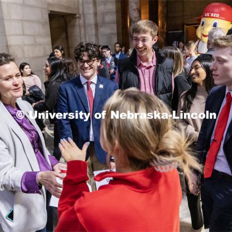 Senator Jana Hughes, who represents District 24 and Seward, talks with the UNL contingent at the I Love NU advocacy event at the Nebraska State Capitol. April 5, 2023. Photo by Craig Chandler / University Communication.