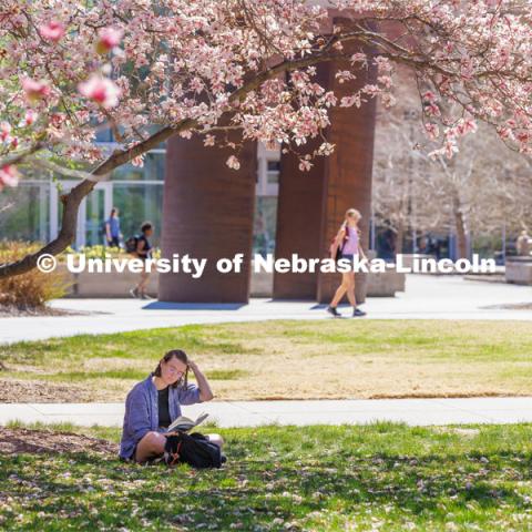Kayleigh Casey, a junior from Omaha, sits under a tree north of Love Library and reads a book for her German class. City Campus. April 13, 2023. Photo by Craig Chandler / University Communication.
