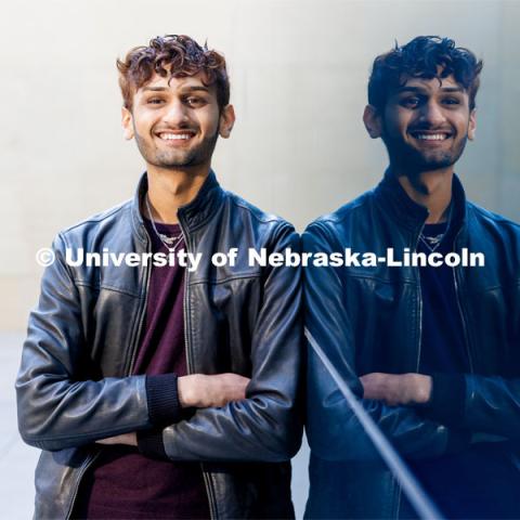 Aaryan Naik, a junior in economics is an Inclusive Business Leader mentor, Student Strengths Coach, doing a renewable energy internship with Nelnet. He’s also a Clifton Builder and in Delta Sigma Pi business fraternity. April 17, 2023. Photo by Craig Chandler / University Communication.