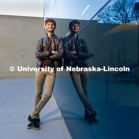 Aaryan Naik, a junior in economics is an Inclusive Business Leader mentor, Student Strengths Coach, doing a renewable energy internship with Nelnet. He’s also a Clifton Builder and in Delta Sigma Pi business fraternity. April 17, 2023. Photo by Craig Chandler / University Communication.