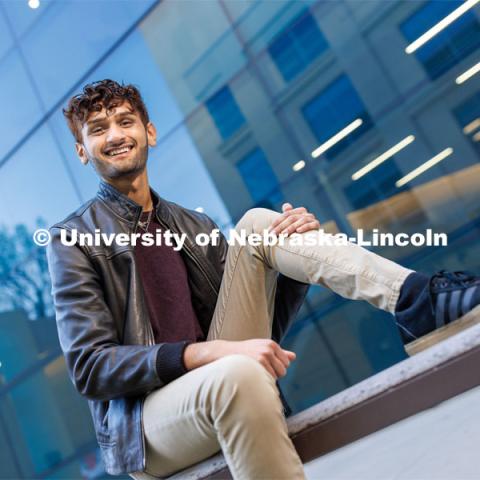 Aaryan Naik, a junior in economics is an Inclusive Business Leader mentor, Student Strengths Coach, doing a renewable energy internship with Nelnet. He’s also a Clifton Builder and in Delta Sigma Pi business fraternity. April 17, 2023. Photo by Craig Chandler / University Communication.