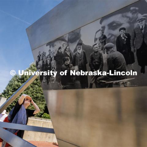 Jenna Wolfe, a senior from Lincoln. History of the Holocaust course students visit the Holocaust memorial in Lincoln’s Wyuka Cemetery. April 18, 2023. Photo by Craig Chandler / University Communication.