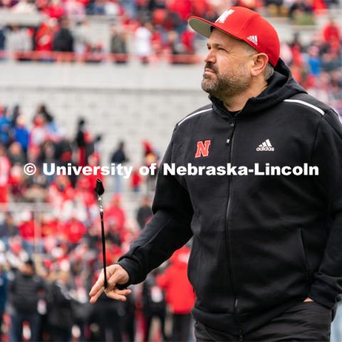 University of Nebraska football head coach Matt Rhule walks to the locker room before the spring game. April 22, 2023. Photo by Jordan Opp for University Communication.