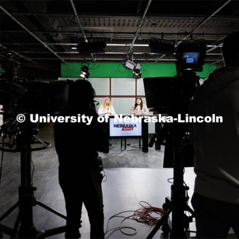 Students produce their Nebraska Nightly telecast in the new Don and Lorena Meier Studio. April 28, 2023. Photo by Craig Chandler / University Communication.