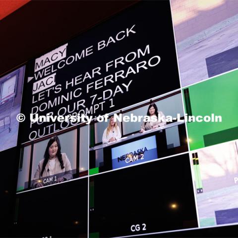 Students produce their Nebraska Nightly telecast in the new Don and Lorena Meier Studio. April 28, 2023. Photo by Craig Chandler / University Communication.