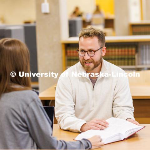 Students studying in the Law Library. College of Law photo shoot. April 28, 2023. Photo by Craig Chandler / University Communication.