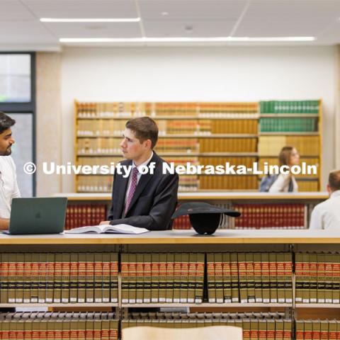 Students studying in the Law Library. College of Law photo shoot. April 28, 2023. Photo by Craig Chandler / University Communication.