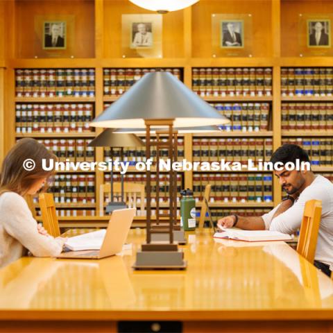 Students studying in the Law Library. College of Law photo shoot. April 28, 2023. Photo by Craig Chandler / University Communication.