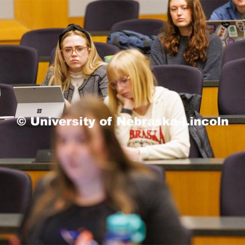 Students listening during a lecture. College of Law photo shoot. April 28, 2023. Photo by Craig Chandler / University Communication.