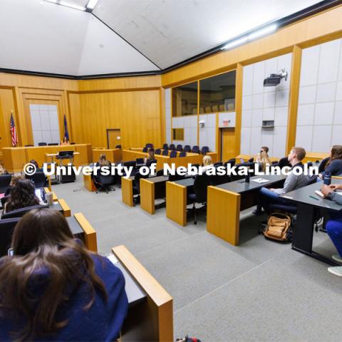 Students listening during a lecture. College of Law photo shoot. April 28, 2023. Photo by Craig Chandler / University Communication.