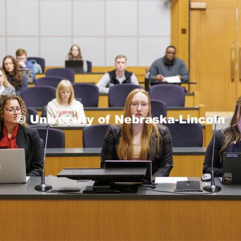 Students listening during a lecture. College of Law photo shoot. April 28, 2023. Photo by Craig Chandler / University Communication.