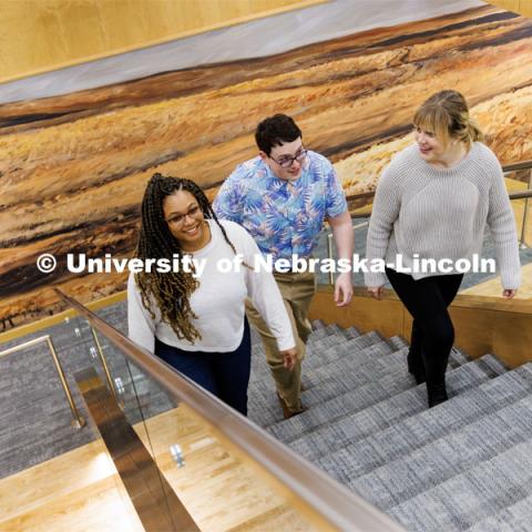Students walking up stairs to get to their classes. College of Law photo shoot. April 28, 2023. Photo by Craig Chandler / University Communication.