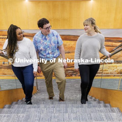 Students walking up stairs to get to their classes. College of Law photo shoot. April 28, 2023. Photo by Craig Chandler / University Communication.