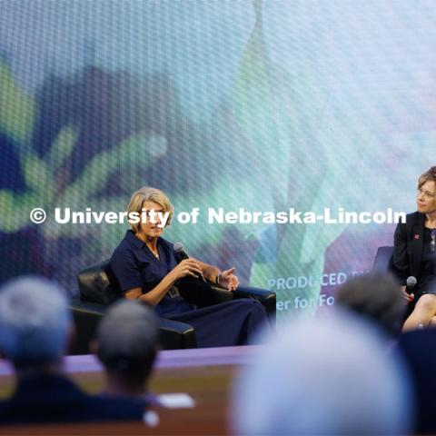 Beth Ford, CEO and President of Land O’ Lakes, engages in a “fireside chat” with CASNR Dean Tiffany Heng-Moss during Monday’s Heuermann’s Lecture. Ford’s talk was “Uncharted Waters, Why everyone should care about the global water crisis” May 8, 2023. Photo by Craig Chandler / University Communication.