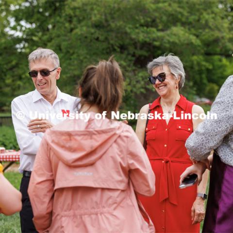 The Greens smile as they greet fellow Huskers during the open house. Ronnie and Jane Green had an open house Thursday at the Maxwell Arboretum on East Campus. May 11, 2023. Photo by Craig Chandler / University Communication.