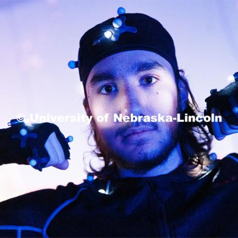Students work in the Johnny Carson EMA MoCap (motion capture) lab. May 17, 2023. Photo by Craig Chandler / University Communication.