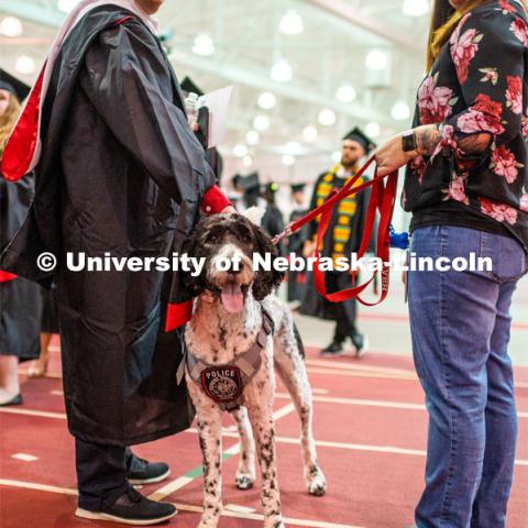 Grads pet Cash the K-9 police dog before the commencement ceremony. 2023 Spring Graduate Commencement in Bob Devaney Sports Center. May 19, 2023. Photo by Justin Mohling for University Communication.