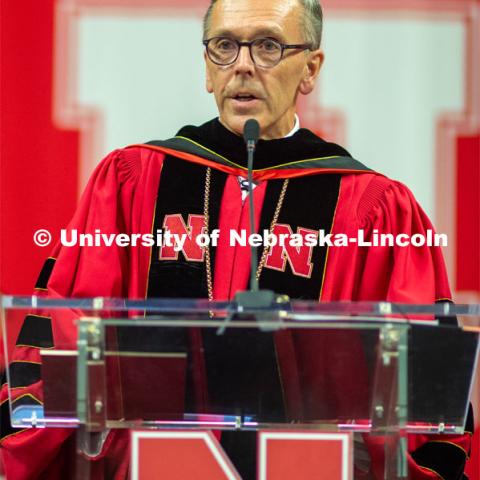 Chancellor Ronnie Green gives remarks at the 2023 Spring Graduate Commencement in Bob Devaney Sports Center. May 19, 2023. Photo by Justin Mohling for University Communication.