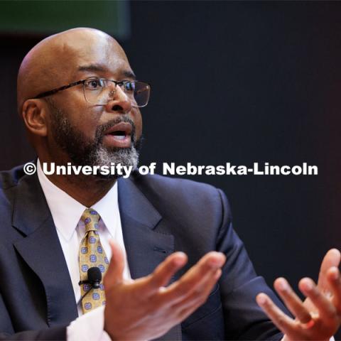 Preferred candidate for Chancellor Rodney Bennett, speaks at the engineering college forum in the Wick Alumni Center, one of 17 open forums he is appearing at this week. June 6, 2023. Photo by Craig Chandler / University Communication.