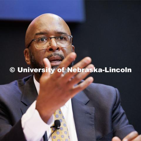 Preferred candidate for Chancellor Rodney Bennett, speaks at the engineering college forum in the Wick Alumni Center, one of 17 open forums he is appearing at this week. June 6, 2023. Photo by Craig Chandler / University Communication.