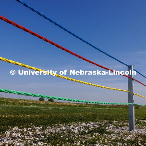 A cable system for highway medians at the Midwest Roadside Safety Facility. June 5, 2023. Photo by Craig Chandler / University Communication.