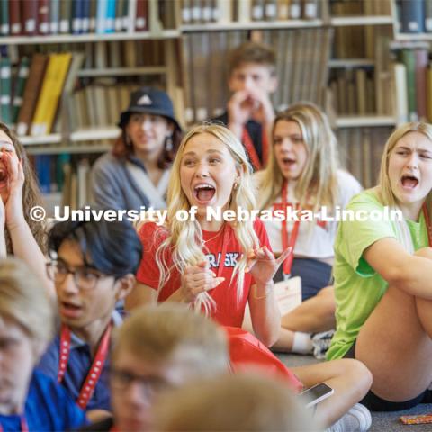 NSE students yell “Power” as they compete to be the loudest in the Husker Power yell. New Student Enrollment ( NSE ) on City Campus. June 13, 2023. Photo by Craig Chandler / University Communication.