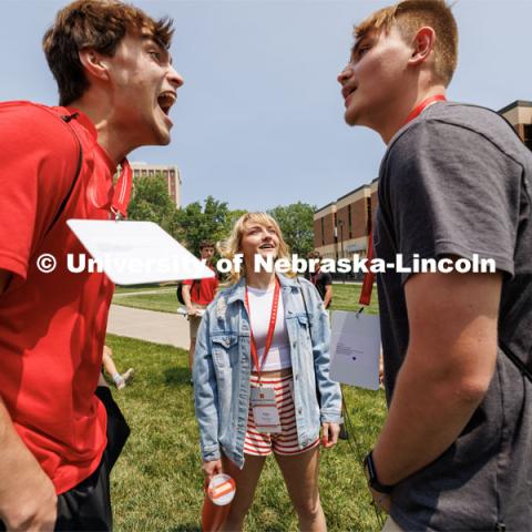 NSE students participate in an ice breaker where everyone is to stare at another person. If they stare back, then whoever yells the loudest wins and knocks that person out of the competition. New Student Enrollment ( NSE ) on City Campus. June 13, 2023. Photo by Craig Chandler / University Communication.