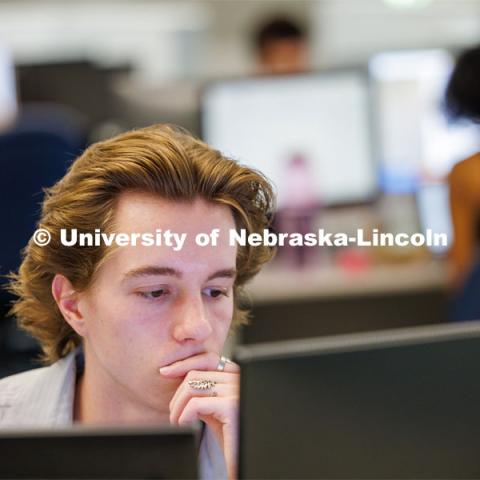 Ethan Dunn, an UNL UCARE student, works on researching a case. Students in Research Experiences for Undergraduates summer program are working to study how various marginalized groups in American history used the law to contest and advance their rights. June 14, 2023. Photo by Craig Chandler / University Communication.