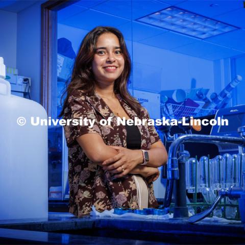 Barbie Zaman Wahid, PhD Student in the Janos Zemplini Leverton Hall lab. USDA funding supports Zempleni research on breastmilk consumption and brain development. June 16, 2023. Photo by Craig Chandler / University Communication.
