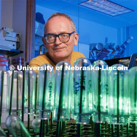 Janos Zemplini in his Leverton Hall lab. USDA funding supports Zempleni research on breastmilk consumption and brain development. June 16, 2023. Photo by Craig Chandler / University Communication.