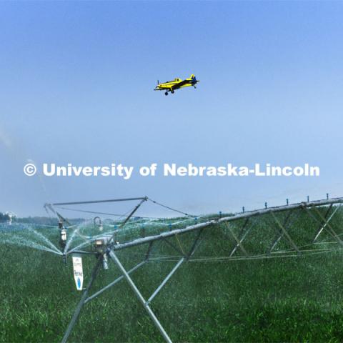 Crop duster sprays corn fields in southeast Lancaster County. June 22, 2023. Photo by Craig Chandler / University Communication.