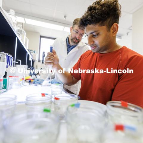 Aryan Anin, works on summer research under the supervision of Professor Clay Cressler. University of Nebraska-Lincoln’s “STEM-POWER Research Program: Empowering students from the start with Purpose, Ownership, and Well-being as they Engage in research Relationships”. June 28, 2023. Photo by Craig Chandler / University Communication.