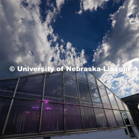 Exterior view of Beadle Greenhouses. July 24, 2023. Photo by Craig Chandler / University Communication.