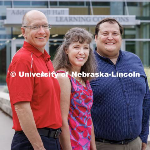 Amy Goodburn with Bill Watts, left, and Joey Lynch. Scaling an Ecology of Validation grant from the Susan Thompson Buffett Foundation to increase UNL undergraduates’ degree completion and reduce equity gaps for historically underserved students. July 25, 2023.  Photo by Craig Chandler / University Communication. 