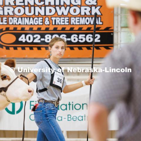 Breanna Spilker of DeWitt keeps her eye on the judge during the senior division beef showmanship competition. 4H/FFA Beef Show at the Gage County Fair and Expo in Beatrice. July 28, 2023. Photo by Craig Chandler / University Communication.