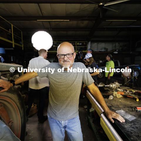 Richard Endacott on the set of “turn Over”, his short film filmed on a farm in eastern Nebraska. Filming of the movie using UNL students as the production crew. Richard Endacott earned multiple awards for his screenplay, "Turn Over." Story about keeping the family farm operating in the modern era as two brothers come together via restoring an old tractor to help fund their operations. August 9, 2023. Photo by Craig Chandler / University Communication.