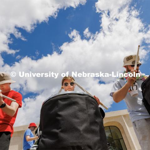 Avryn Schardt of Ankeny, Iowa, practices with the drum line. Cornhusker Marching Band camp practice. August 14, 2023. Photo by Craig Chandler/ University Communication.